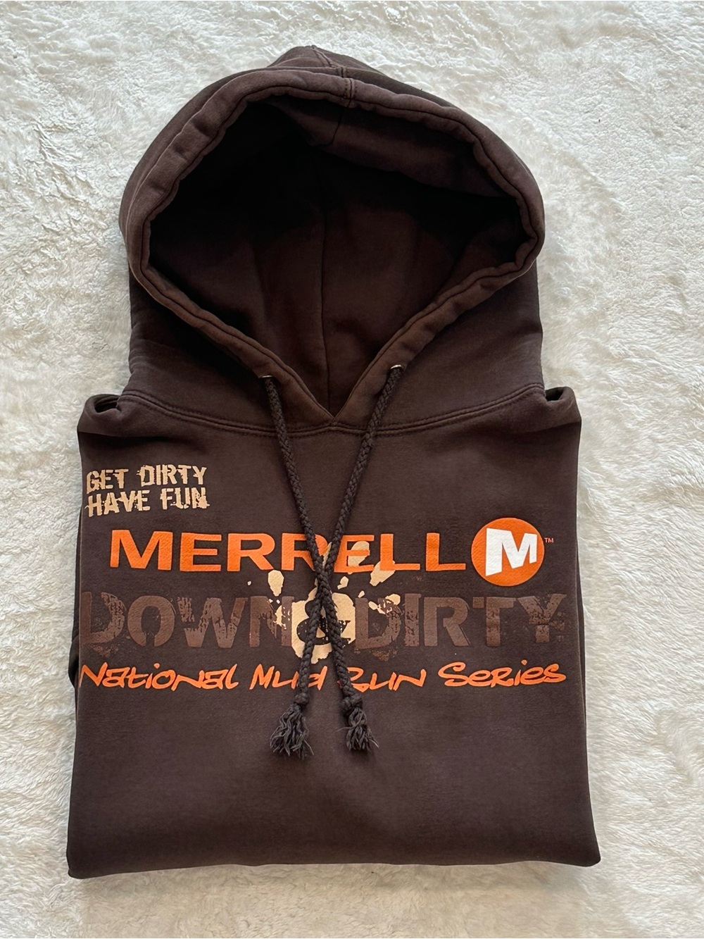 Vintage Merrell Hoodie Mens Medium Brown Down & Dirty Mud Run Gorpcore Boxy